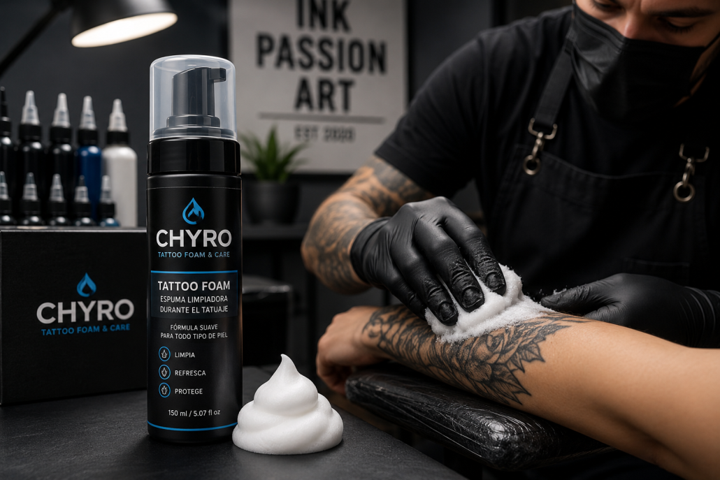 Tatuador realizando el cuidado de un tatuaje con espuma Chyro